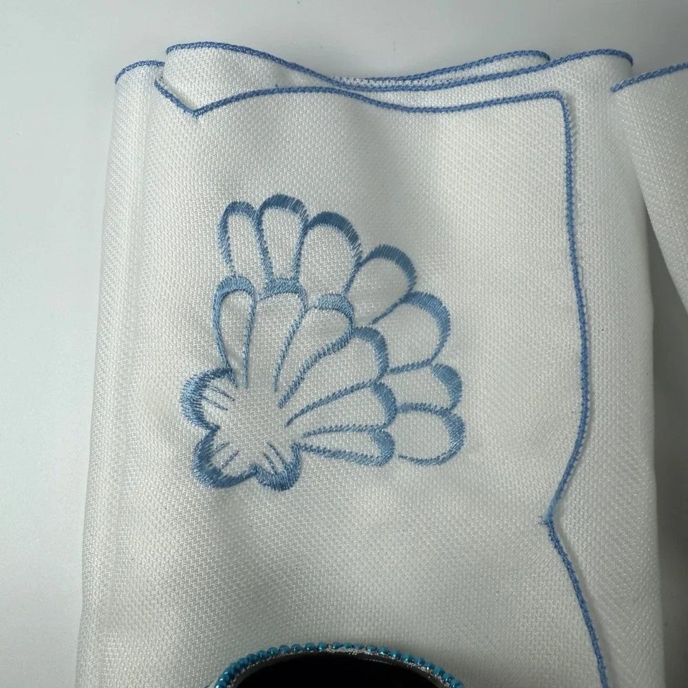 Embroidered Seashell Napkins with Jeweled Napkin Rings - Set of‎ 4